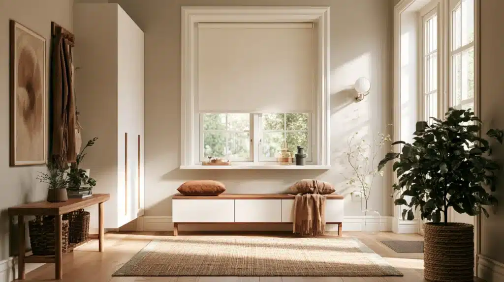 Lyst entréområde med et beige rullegardin foran et stort vindue og en bænk under vinduet.