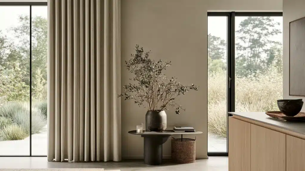 Lange beige gardiner fra gulv til loft foran store vinduer i et lyst rum.