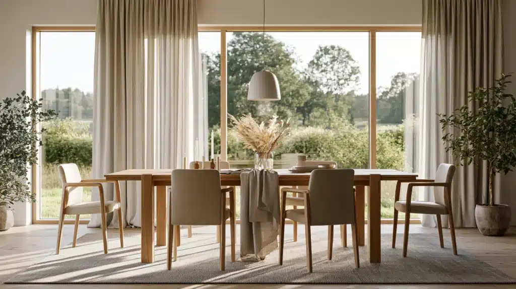 Lys spisestue med træbord, polstrede stole og store vinduer, der er indrammet af lange beige gardiner.