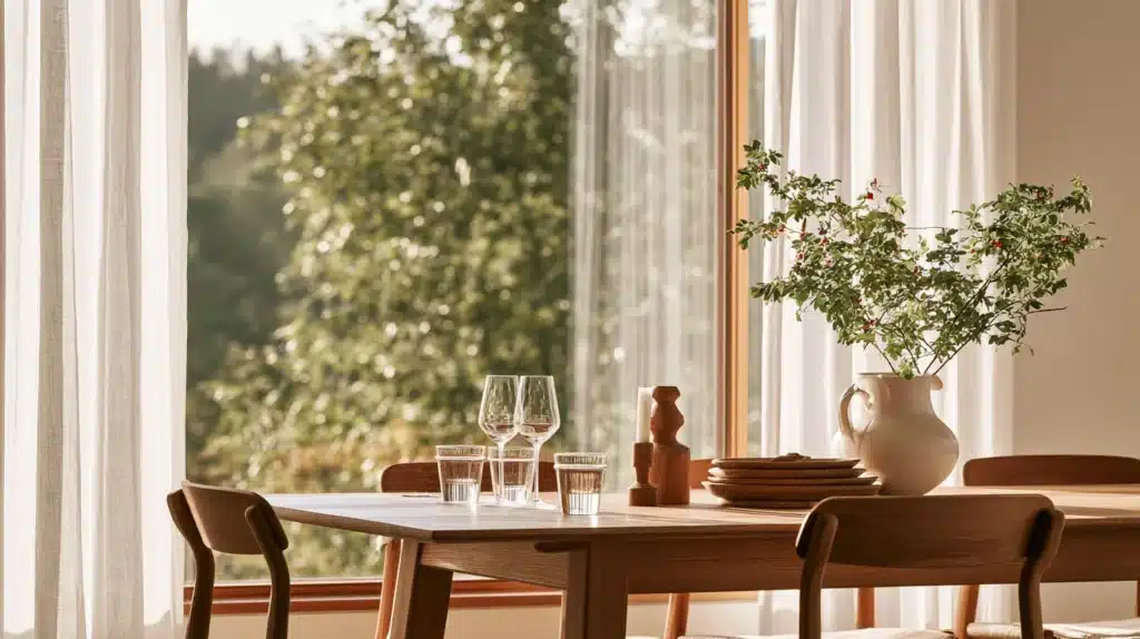 Lyse, lette gardiner ved en spisestue med træbord, dækket op med glas og service samt en vase med grene.