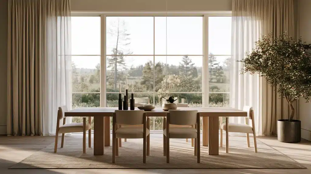 Spisestue med træmøbler foran et stort vinduesparti, flankeret af beige stofgardiner og lyse, transparente gardiner.