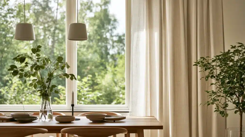 Lyse gardiner hænger ved store vinduer i spisestuen, hvor et træbord står med service og en grøn plante i en vase.