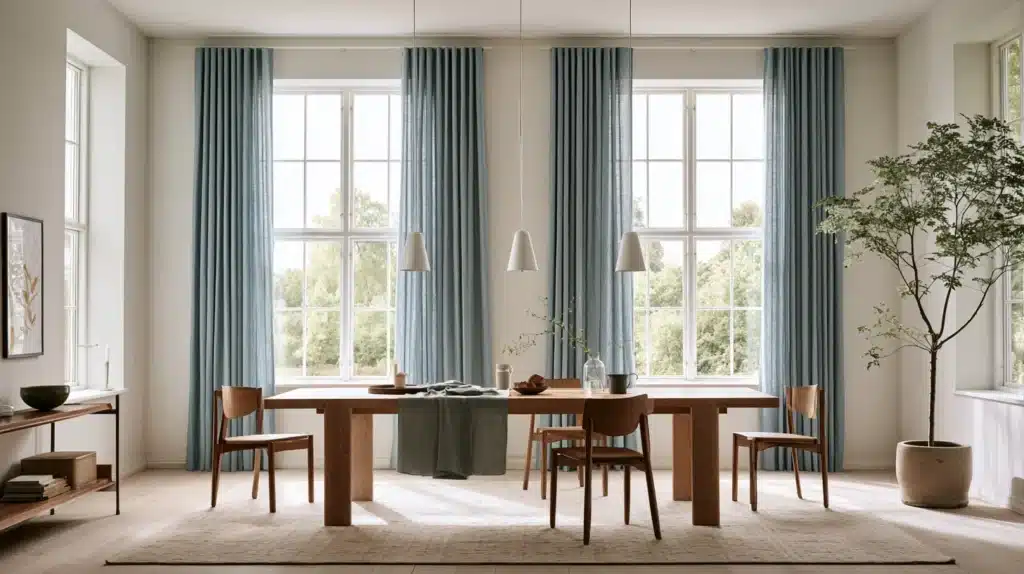 Lys spisestue med flere store vinduer, lyseblå gardiner, træbord og spisebordsstole.
