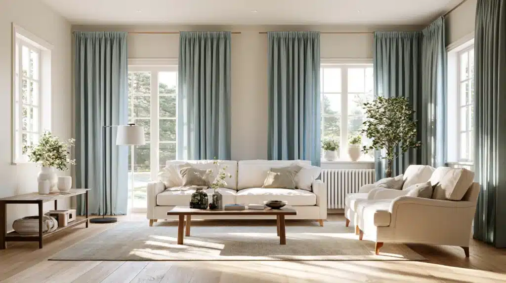 Lys stue med sofa, lænestole, sofabord og lange lyseblå gardiner foran flere vinduer.