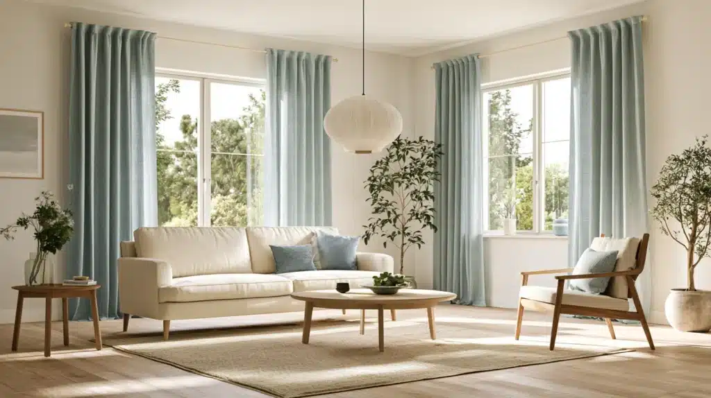 Lys stue med sofa, sofabord og lyseblå gardiner ved flere vinduer i et hjørne af rummet.
