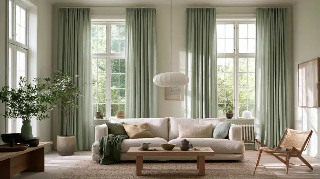 Lysegrønne gardiner hænger ved flere store vinduer i en lys stue med sofa, sofabord og planter.