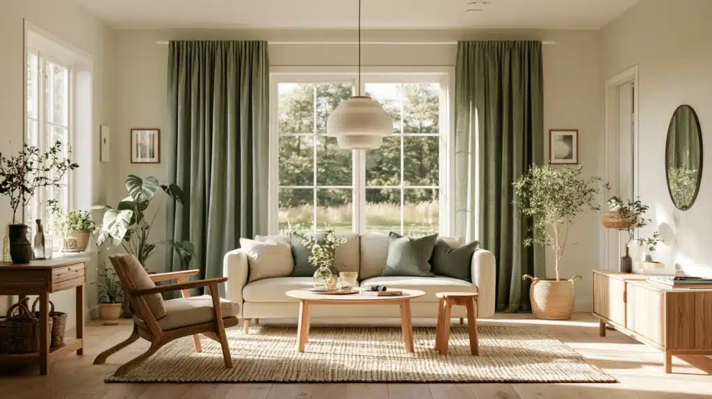 Lysegrønne gardiner ved store vinduer i en lys stue med sofa, lænestole, sofabord og planter.