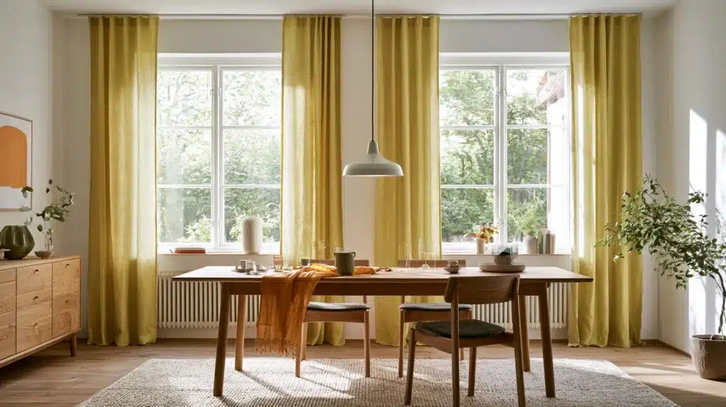 Lysegule gardiner hænger ved store vinduer i en lys spisestue med træbord og stole.