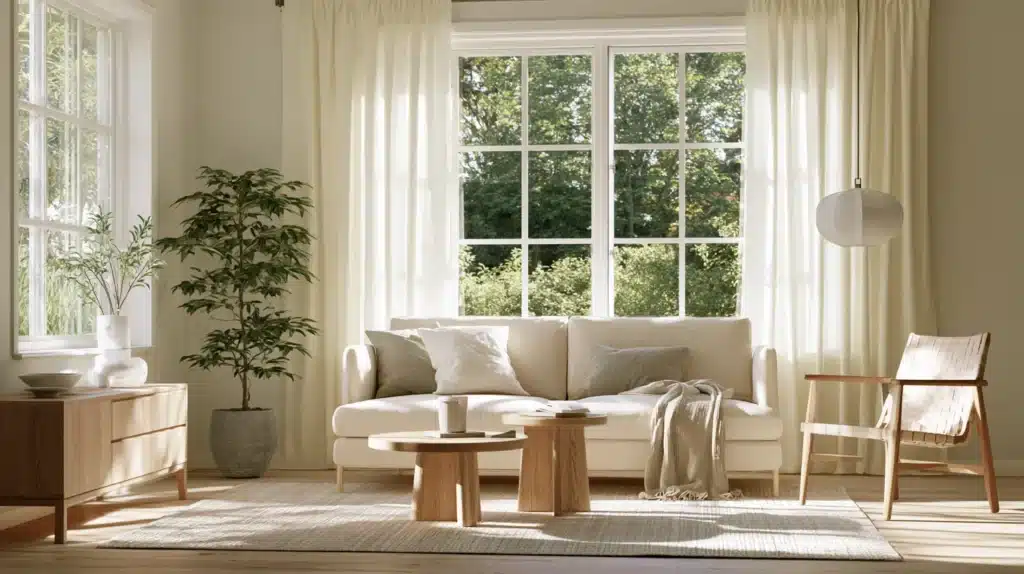 Lysegule gardiner hænger ved store sprossede vinduer i en lys stue med sofa og lænestol.