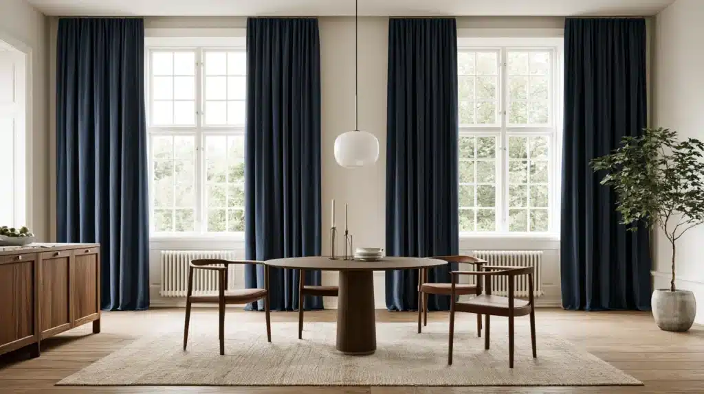 Moderne spisestue med mørkeblå gulvlange gardiner foran store sprossede vinduer.