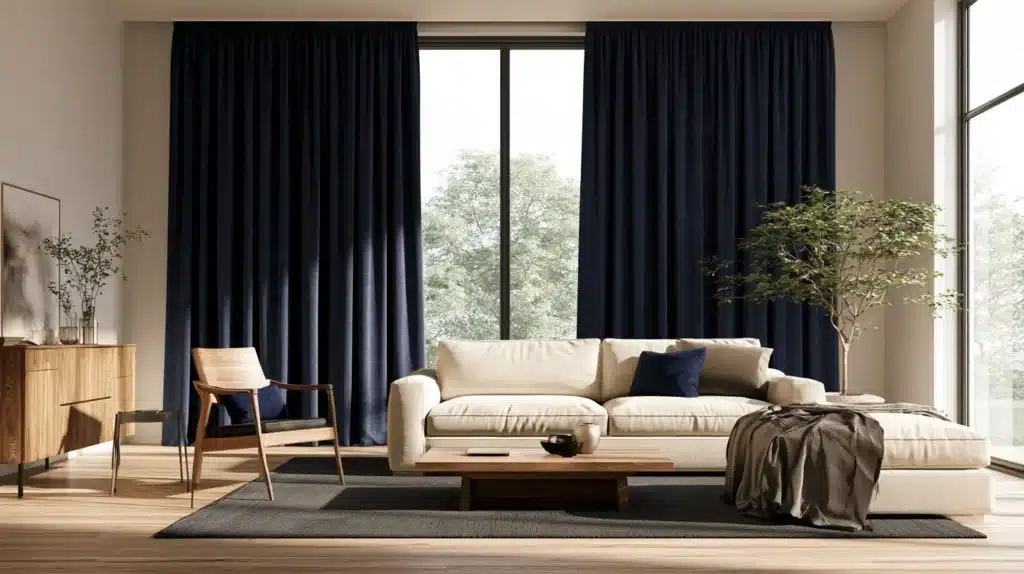 Lys stue med mørkeblå gardiner, beige sofa, træmøbler og store vinduer.