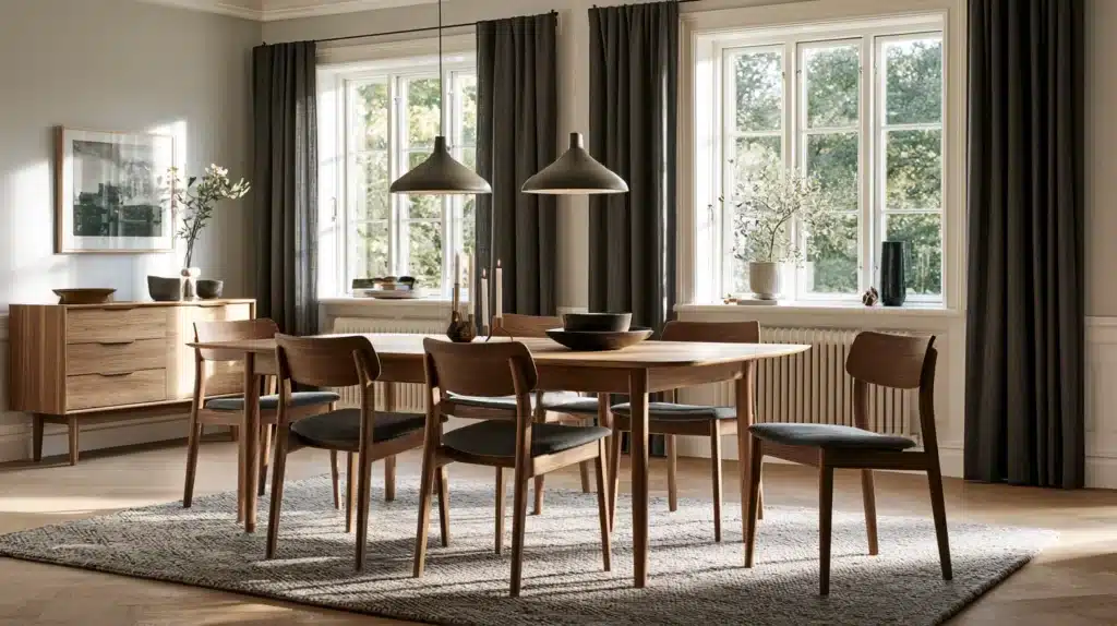 Spisestue med mørkegrå gardiner omkring to vinduer, spisebord i træ og moderne træstole.