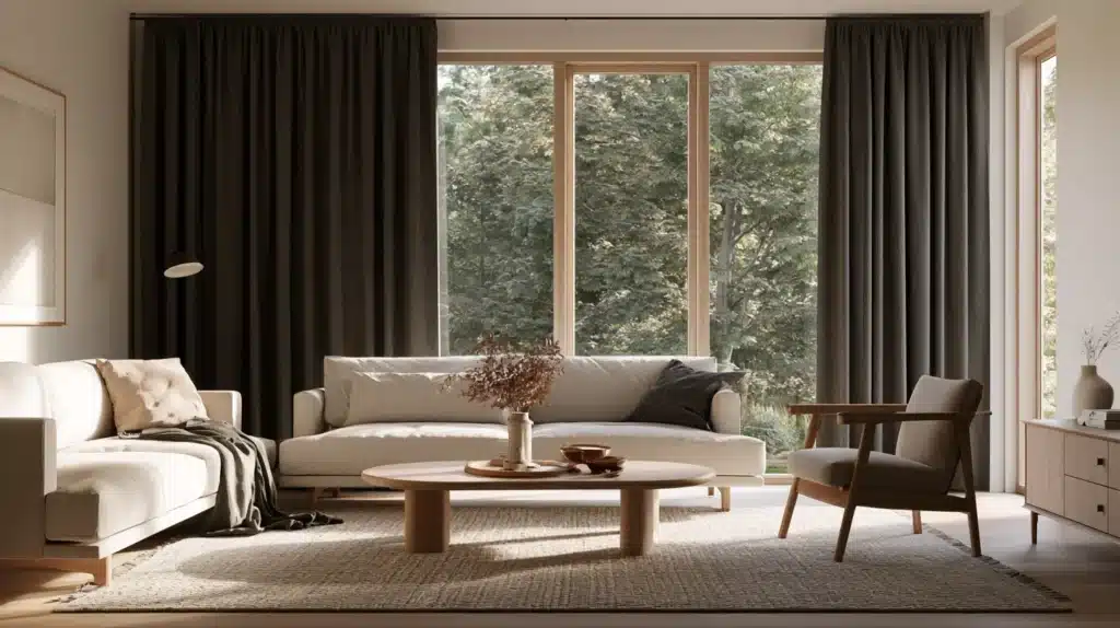 Lys stue med mørkegrå gardiner foran et stort vindue, sofa, sofabord og lænestol.