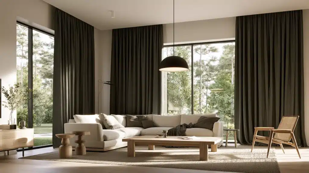 Moderne stue med mørkegrå gardiner langs store vinduer, lys sofa og lavt sofabord.