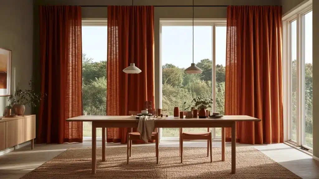 Orange gardiner indrammer store vinduespartier i en moderne spisestue med spisebord, stole og udsigt til haven.