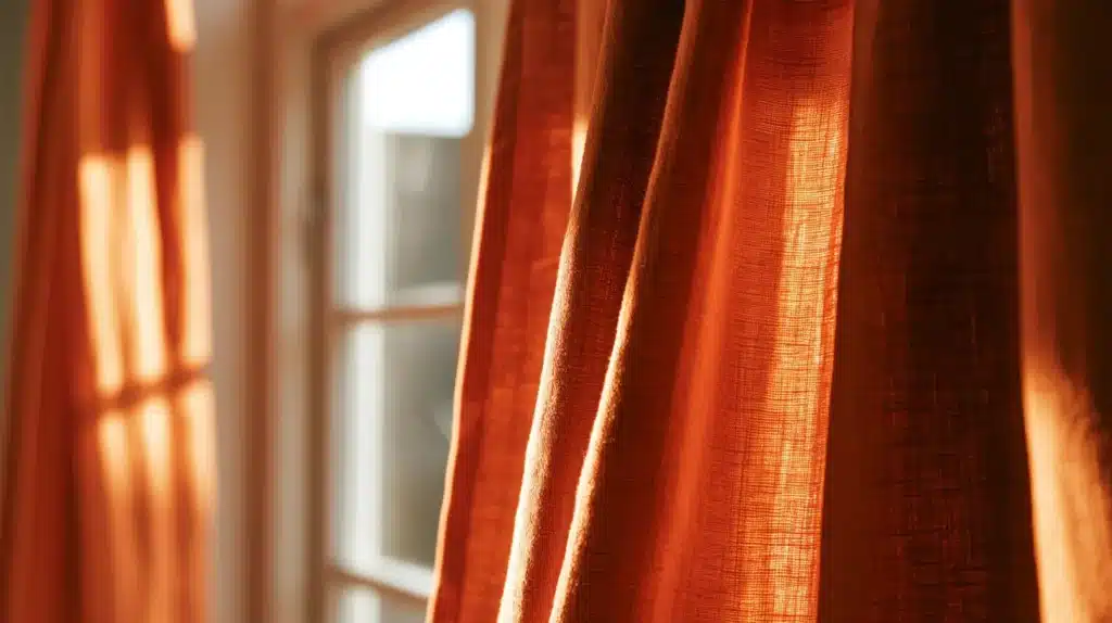 Nærbillede af orange gardiner foran et vindue, hvor lyset fremhæver stoffets struktur og folder.