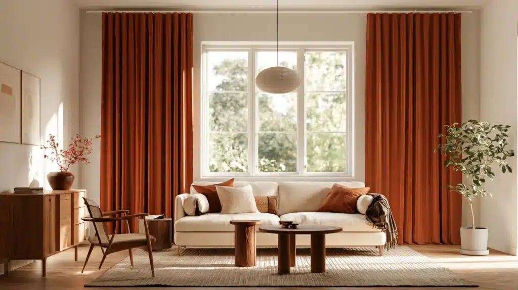 Orange gardiner hænger på hver side af et vindue i en lys stue med sofa, sofaborde og grønne planter.