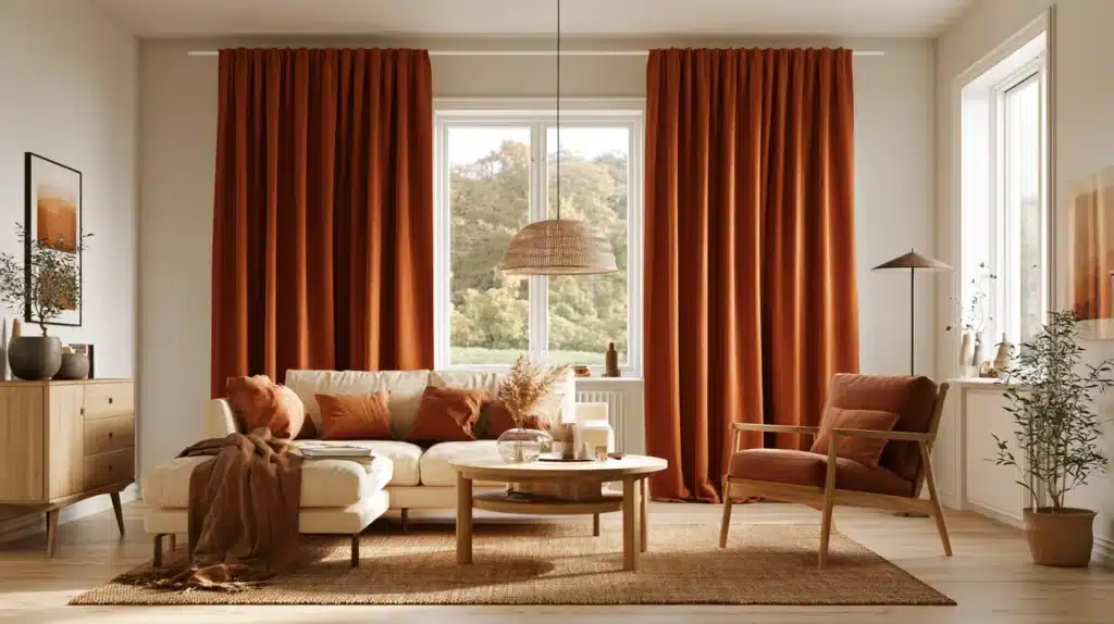 Orange gardiner ved store vinduer i en indbydende stue med sofa, lænestol, træmøbler og planter.