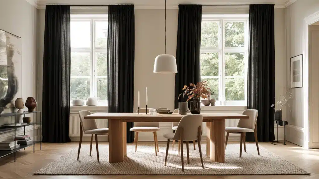 Spisestue med lange sorte gardiner ved store vinduer og et lyst træbord med stole.