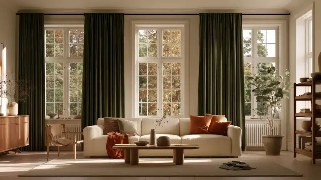 Mørkegrønne velourgardiner ved flere store vinduer i en lys stue med cremefarvet sofa.