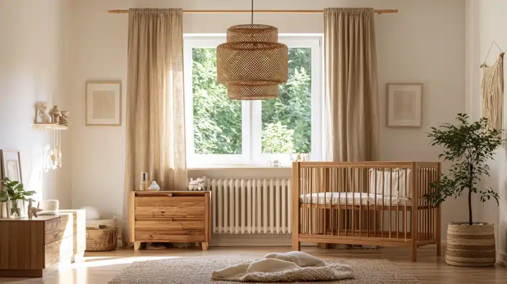 Beige færdigsyede gardiner ved vinduet i et lyst børneværelse med tremmeseng, kommode og plante.