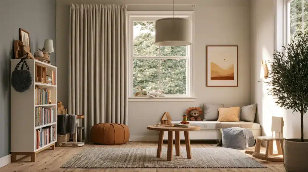 Beige færdigsyede gardiner ved vinduet i et hyggeligt børneværelse med sofa, bogreol og legetøj.
