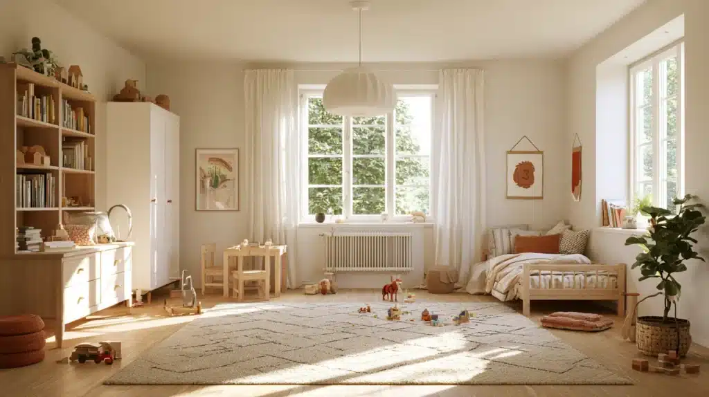 Lyse færdigsyede gardiner ved store vinduer i et rummeligt børneværelse med seng, legetøj og reol.