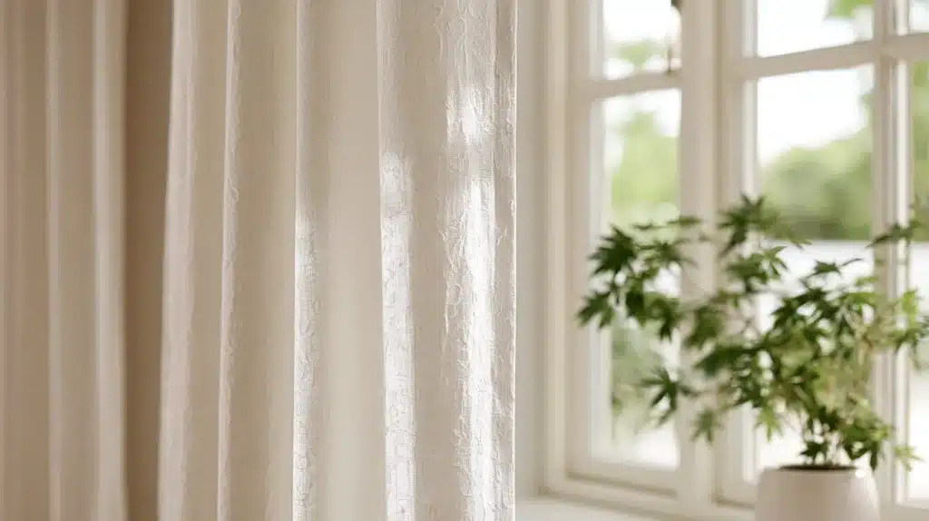 Nærbillede af lyse gardiner med synlig stofstruktur ved et vindue med en grøn plante i baggrunden.