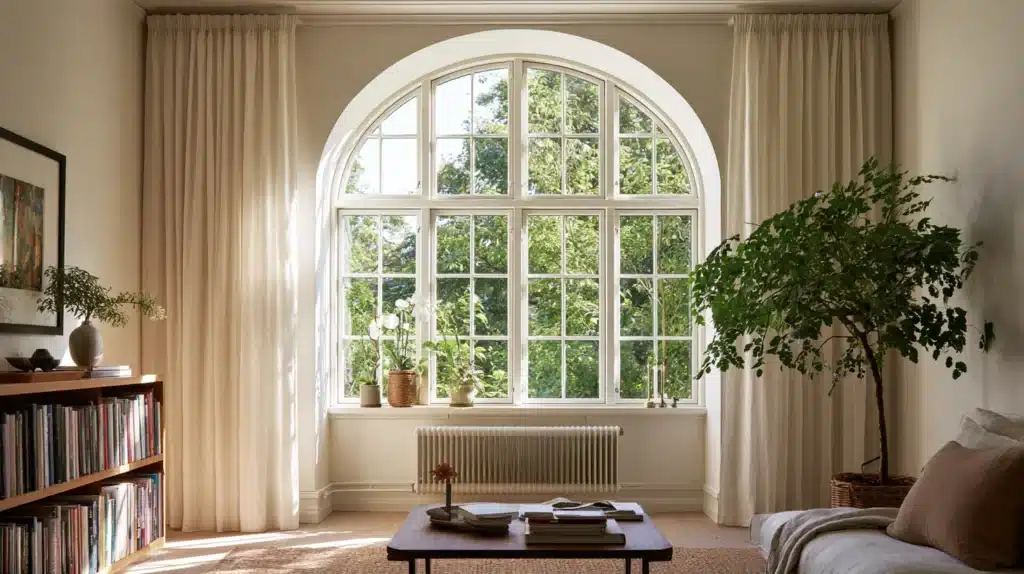 Stue med bogreol, grøn plante og beige gardiner omkring et stort buet vindue.
