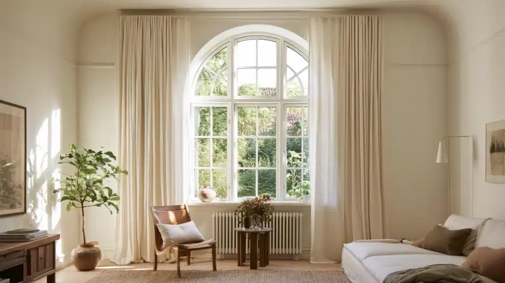 Lys stue med beige gardiner ved et højt buet vindue og en sofa langs væggen.