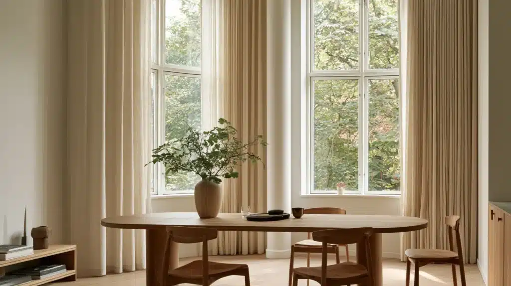 Spisebord i træ foran høje vinduer med lange beige gardiner.
