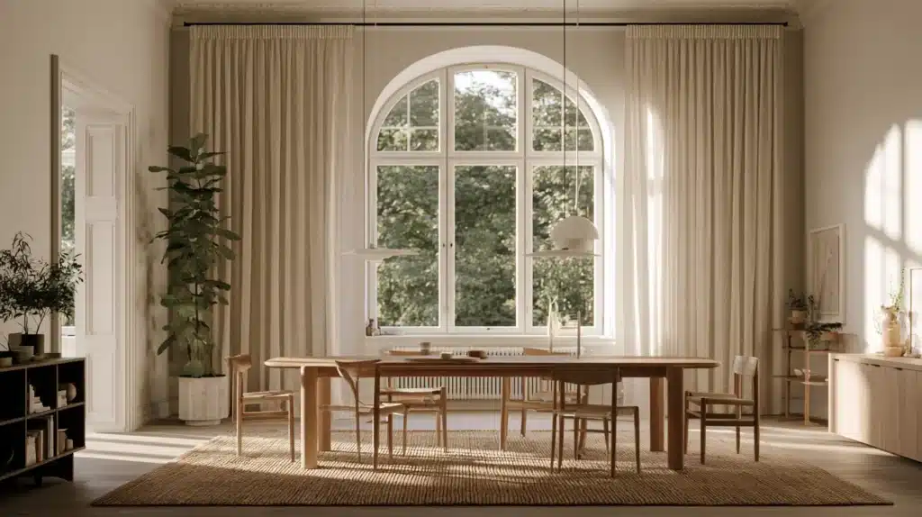 Spisestue med træbord og stole foran et stort buet vindue med beige gardiner.