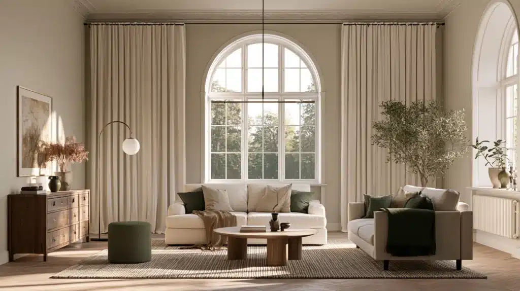 Lys stue med beige gulvlange gardiner omkring et stort buet vindue.