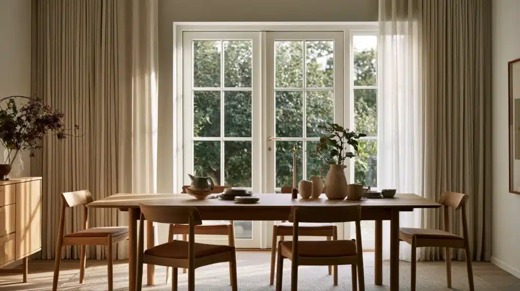 Spisestue med beige gardiner foran franske døre og et spisebord i træ.