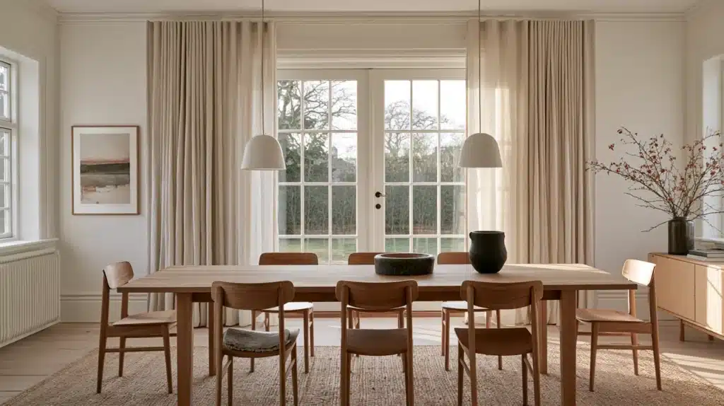 Lys spisestue med lange, beige gardiner omkring franske døre med sprossevinduer.