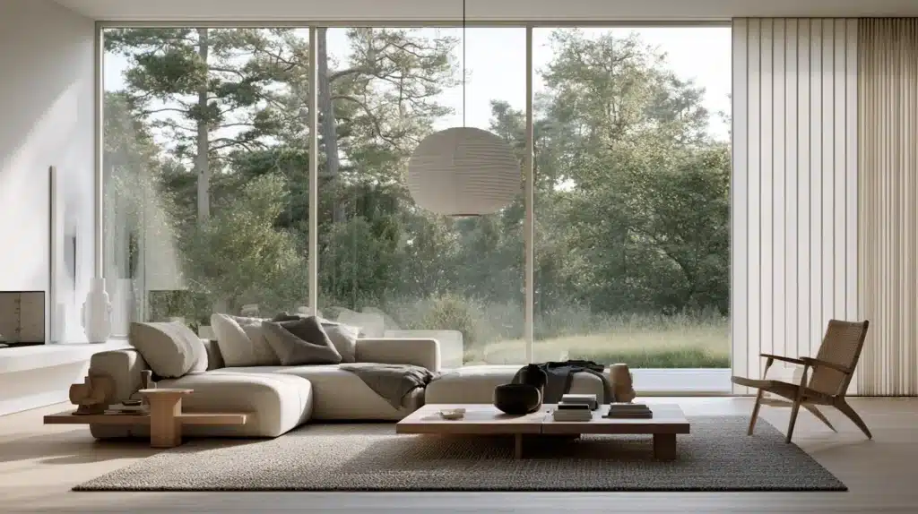 Minimalistisk stue med stort panoramavindue og japanske gardiner samlet i siden.