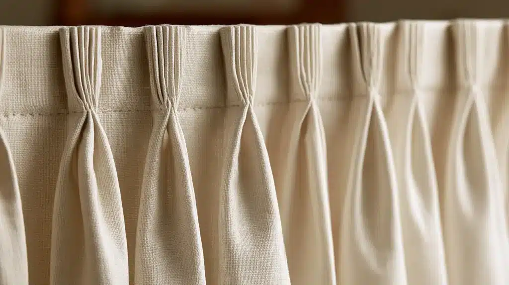 Detalje af lyst gardinstof, hvor rynkebåndet danner bløde, lodrette folder.