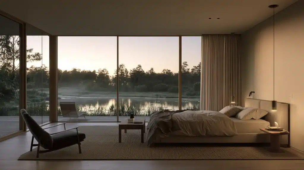 Moderne soveværelse med lyse gardiner og store vinduer med udsigt over en sø og natur.