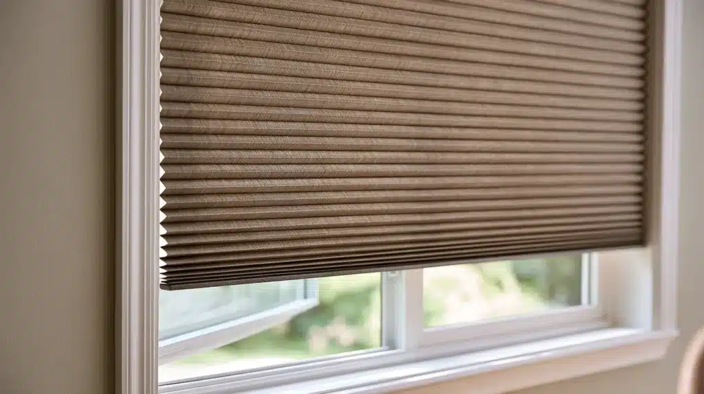 Beige plisségardin monteret i et hvidt vindue med udsigt til haven.