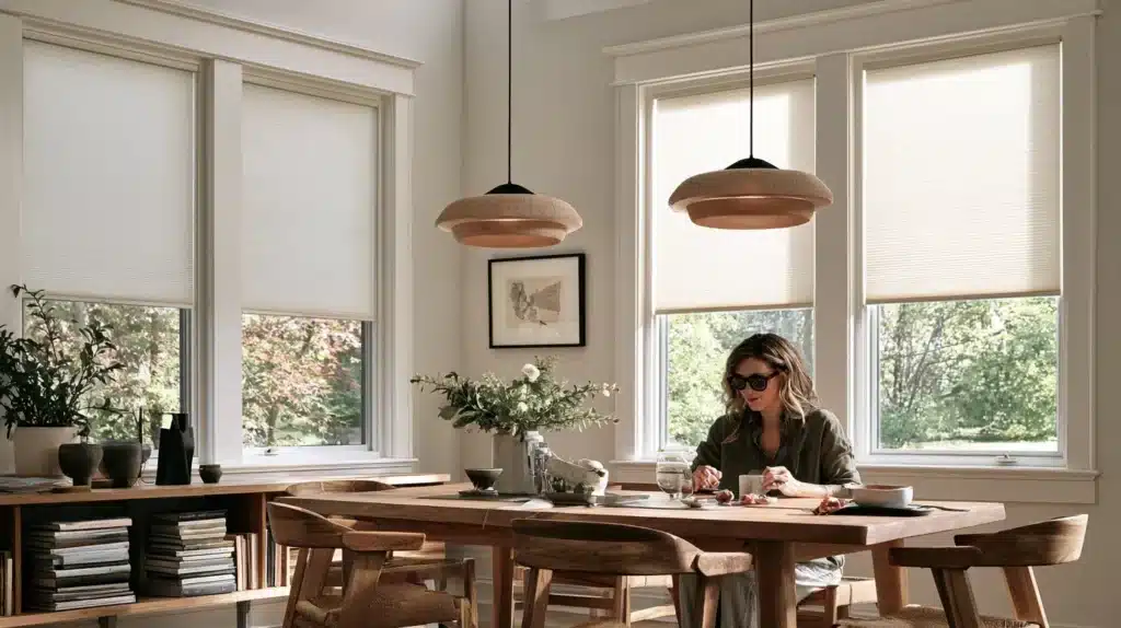 Lyse plisségardiner foran flere store vinduer i en spisestue med en person ved bordet.