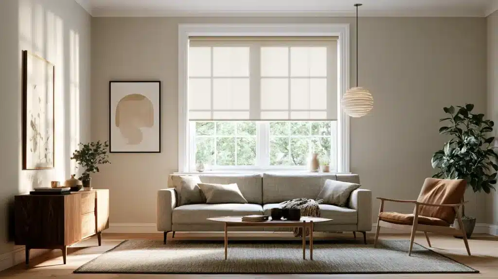 Hvidt plisségardin i et stort vindue i en lys stue med sofa, lænestol og planter.