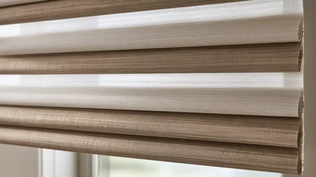 Nærbillede af et beige twist-gardin med skiftevis tætte og transparente baner.