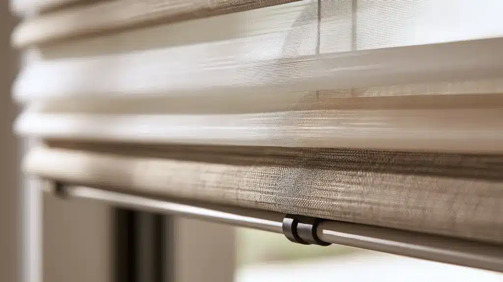 Nærbillede af et beige twist-gardin ved vindueskarmen med synligt ophæng og stofstruktur.
