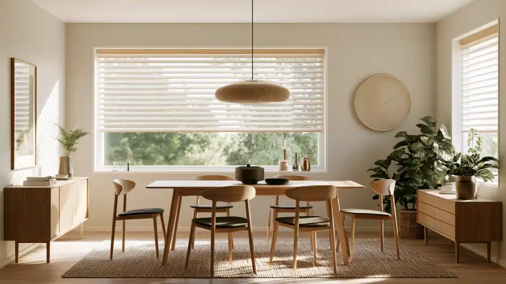 Et lyst twist-gardin foran et bredt vindue i en moderne spisestue med træbord og stole.