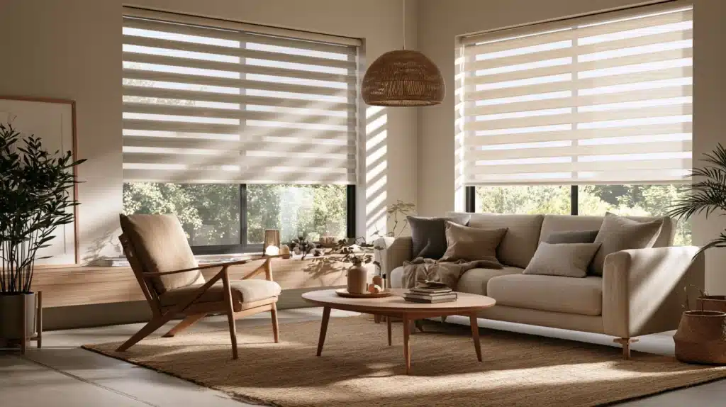 Lyse twist-gardiner foran store vinduer i en moderne stue med sofa, lænestol og sofabord.