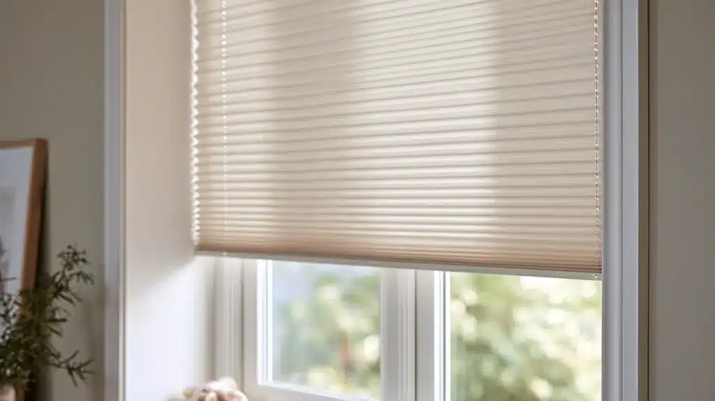 Beige up and down-gardin uden snor foran et lyst vindue med udsigt til grønne omgivelser.