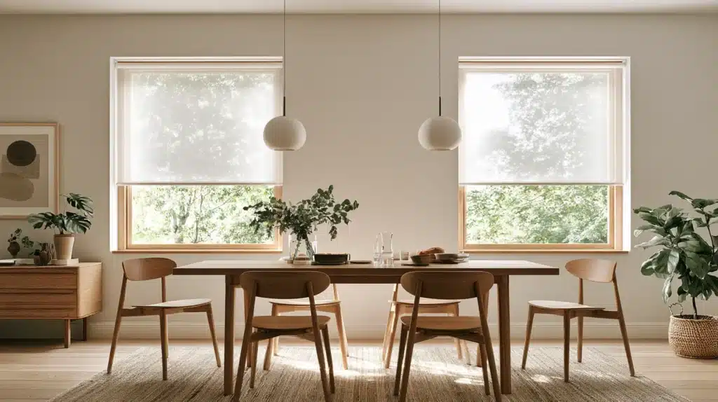 To lyse up and down-gardiner uden snor ved store vinduer i en moderne spisestue.