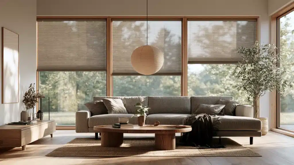 Brune up and down-gardiner uden snor foran store vinduespartier i en varm og moderne stue.