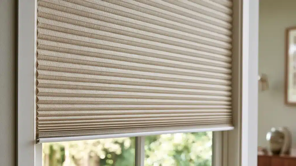 Detalje af et beige up and down-gardin uden snor med synlig tekstur foran et vindue.