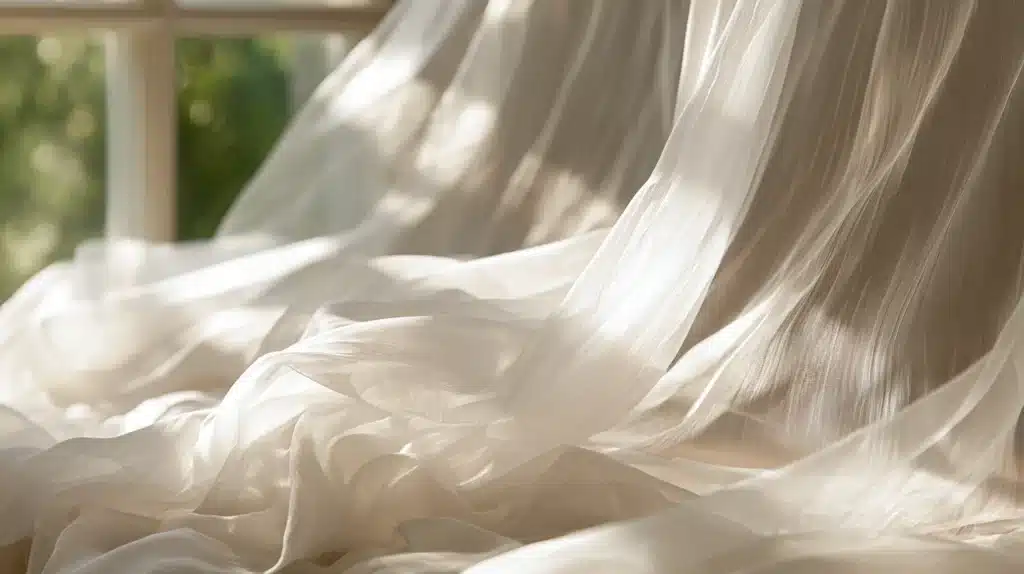 Nærbillede af lyse chiffon-gardiner med bløde folder foran et vindue.
